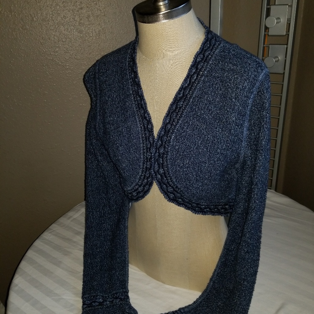 Denim blue dyed cotton knit shrug.